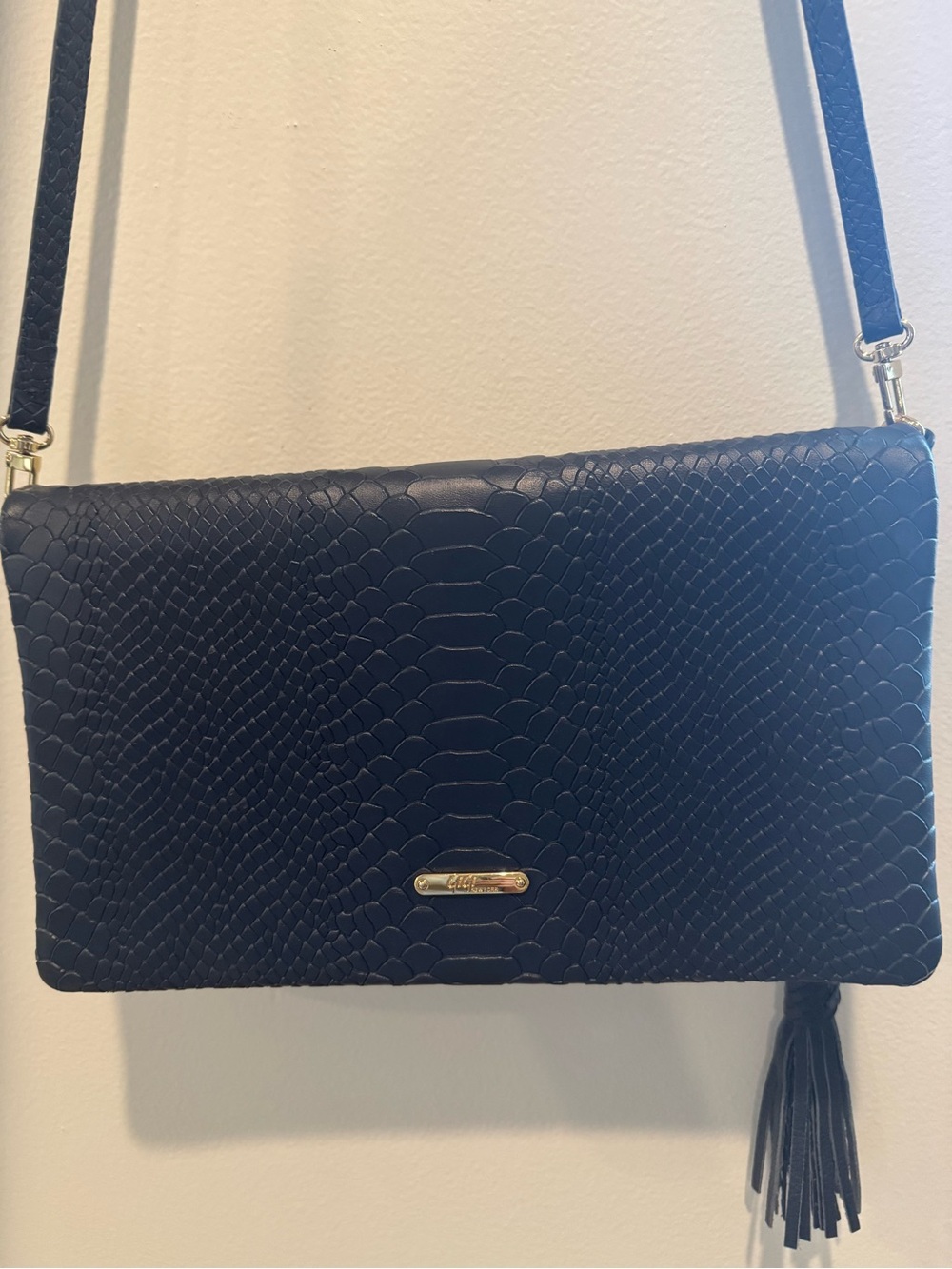 GiGi New York Navy Blue Python Embossed Leather Foldover Crossbody Clutch NWOT